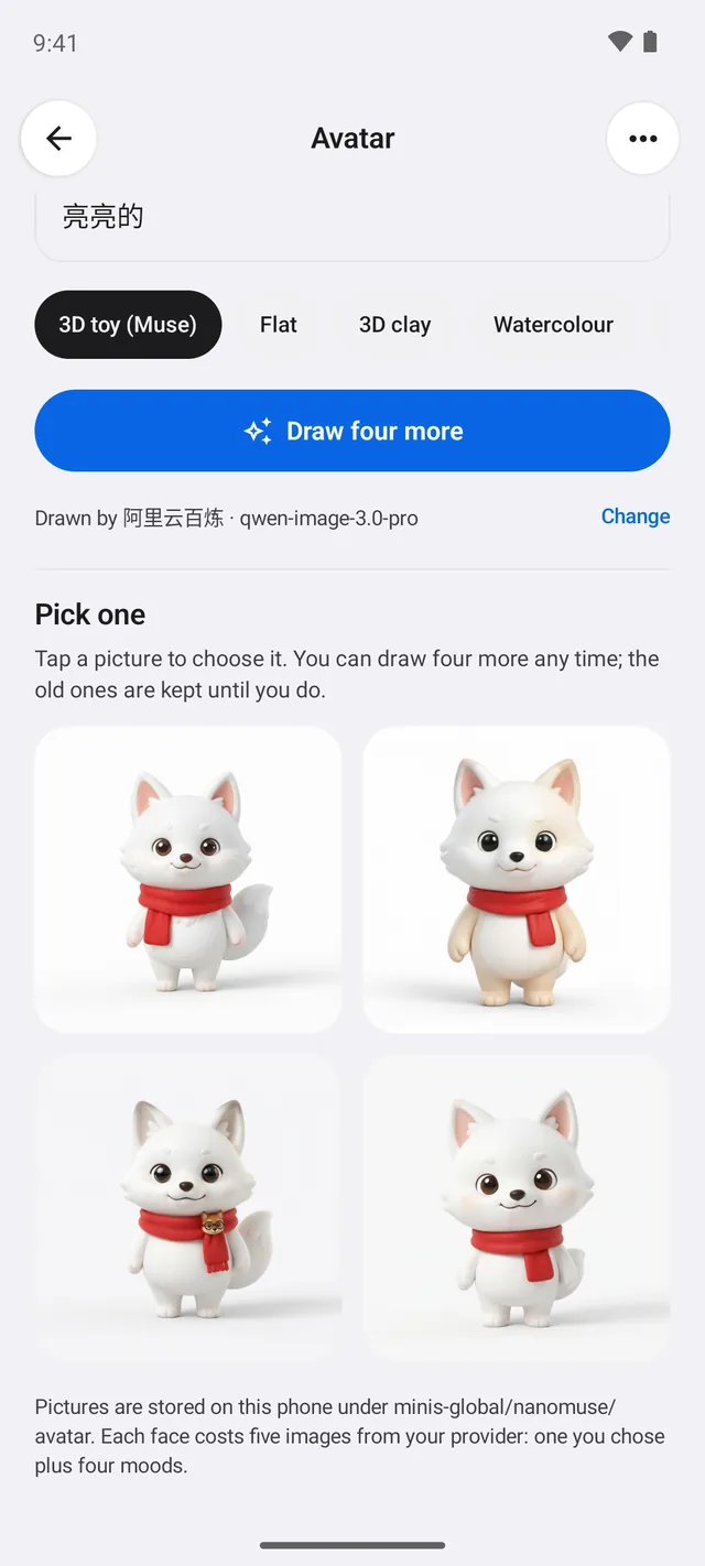 Avatar: describe a look, your image model draws it, pick the one you like