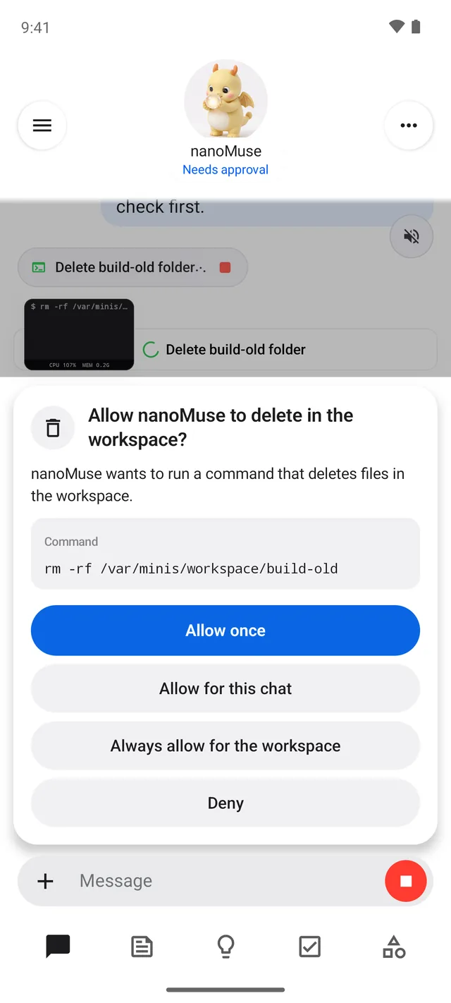 Chat: before deleting in the workspace, the agent stops and asks