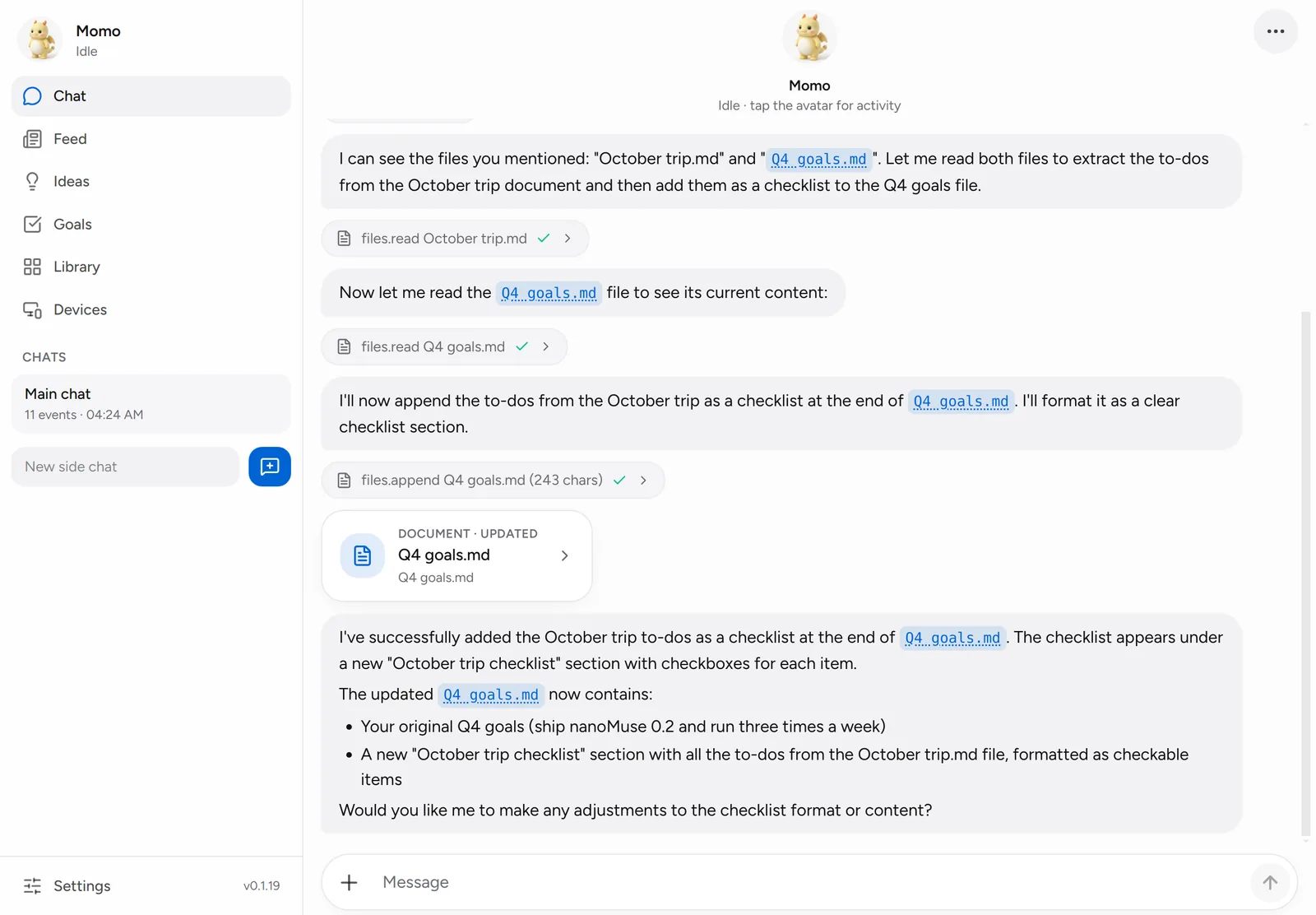 nanoMuse on the desktop: the agent's chats and devices in a sidebar, a conversation with the steps it took as cards